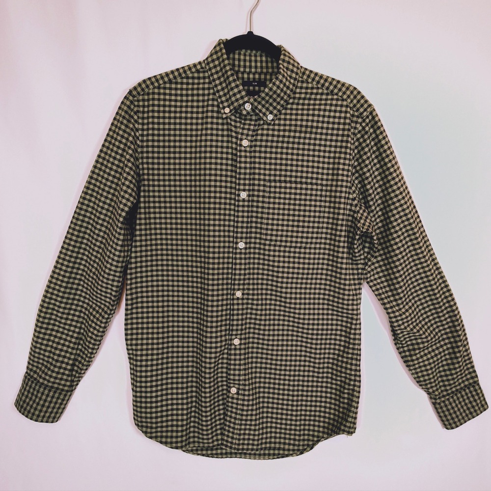 Gap Button Down Plaid Shirt Men's Small Green Black Slim Fit Long Sleeve Cotton